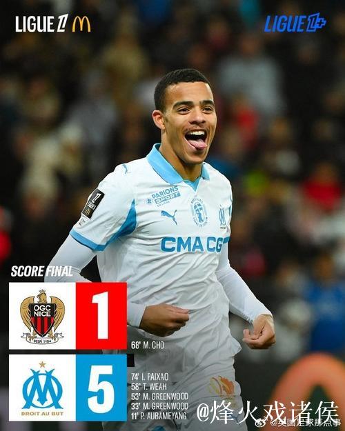 马赛5-1大胜尼斯暂居法甲榜首，格林伍德梅开二度奥巴梅扬传射建功